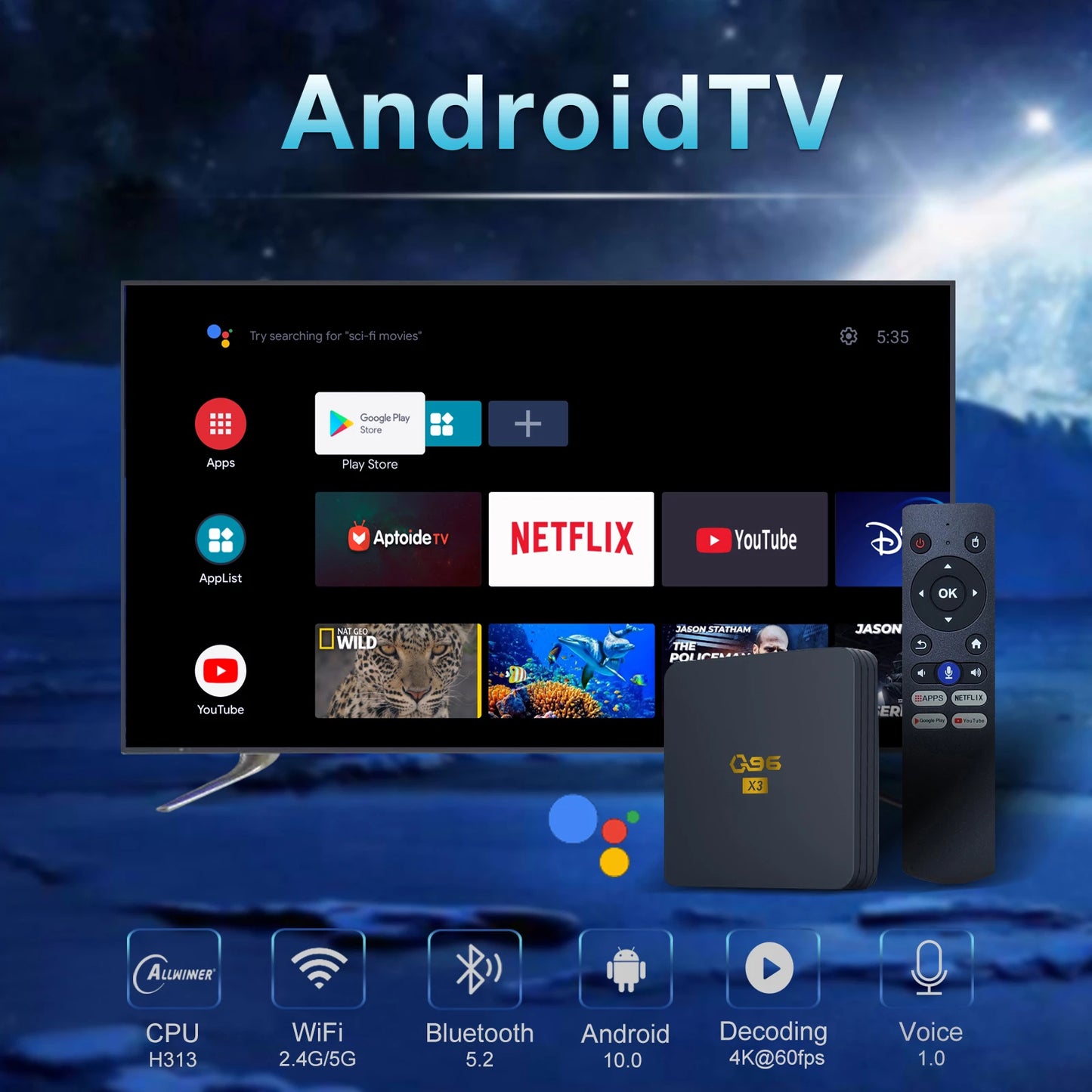 Android TV Box AH-XQ96-100 OS WiFi 2.4G/5G Bluetooth 5.2 Remote