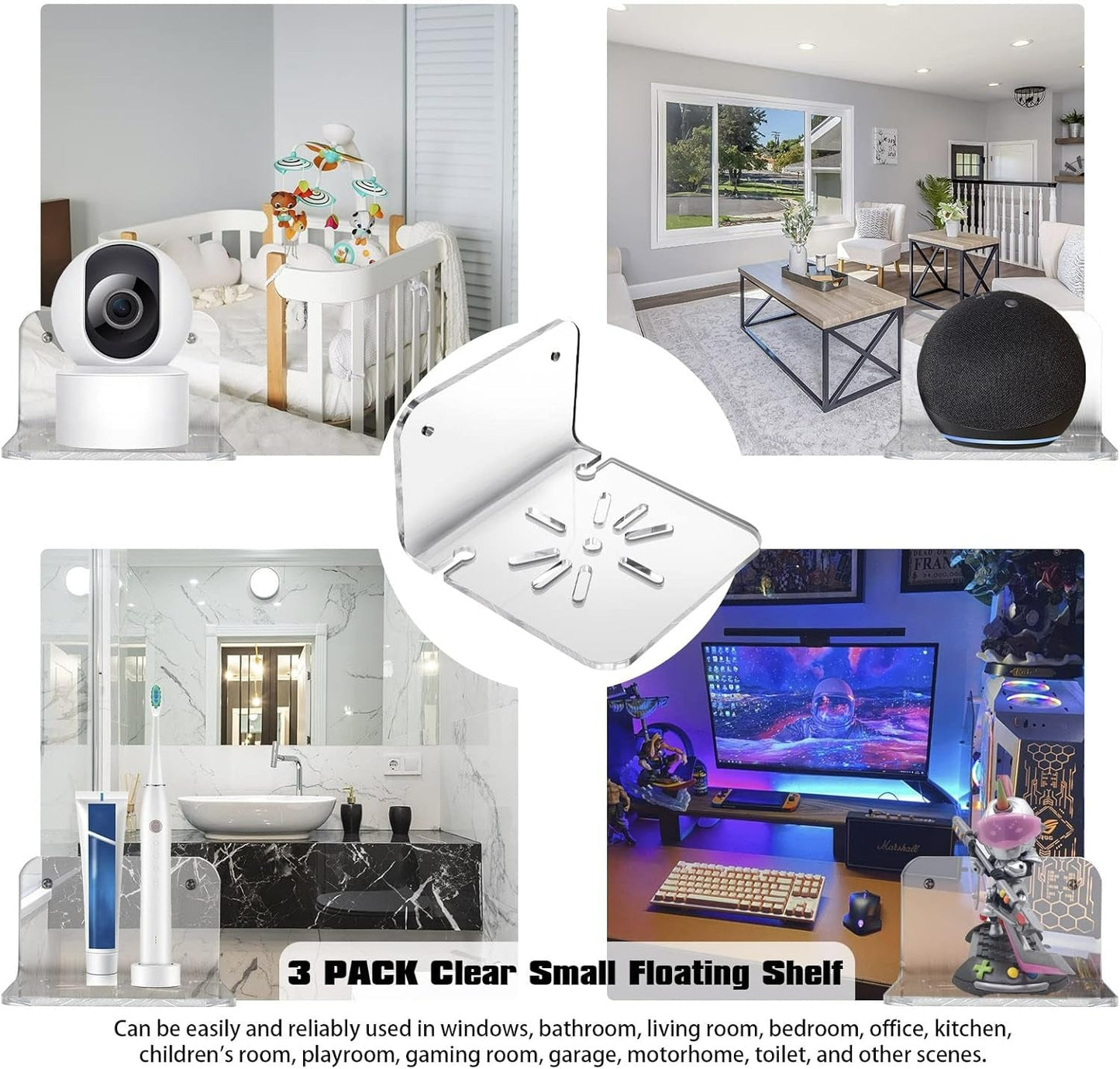SIPRDE Acrylic Small Wall Shelf Set of 3 – Stylish Floating 10×10 cm Display for Cameras, Speakers, Kids’ Monitors
