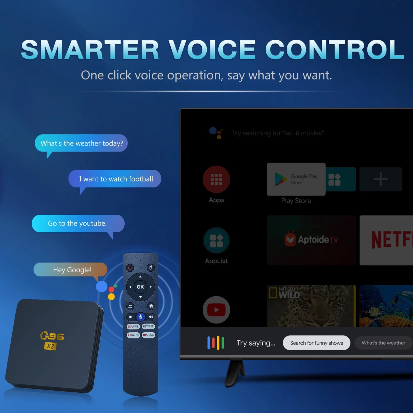 Android TV Box AH-XQ96-100 OS WiFi 2.4G/5G Bluetooth 5.2 Remote